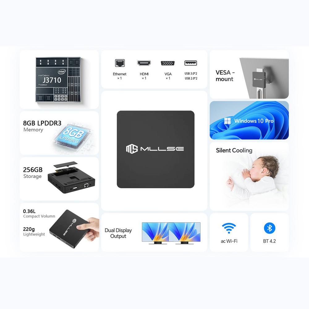 MLLSE M2 Pro Mini PC CPU Intel Celeron J3710 8G RAM 256G ROM compatible+VGA USB3.0 Win10Pro Desktop Portable WiFi BT 4.2