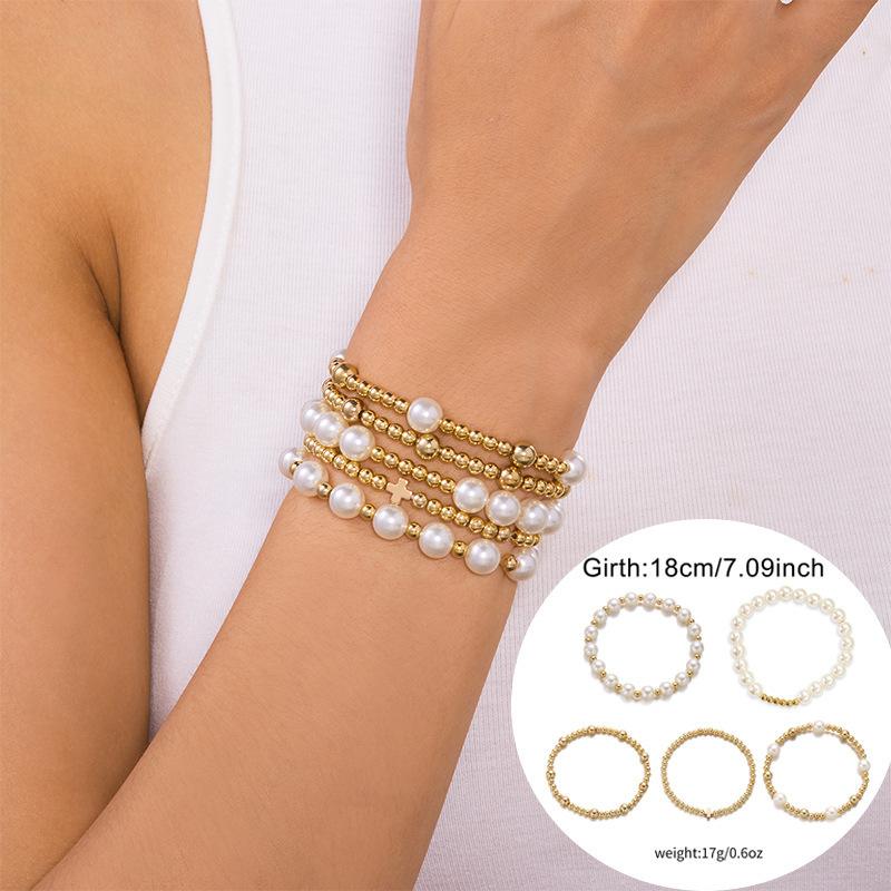 Imitation pearl bracelet women's temperament high-end pearl cross pendant beaded combination stacked bracelet
