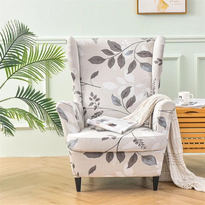 Floral Printed Wing Chair Cover Stretch Spandex Armchair Covers Nordic Removable Relax Sofa Slipcovers With Seat Cushion Covers