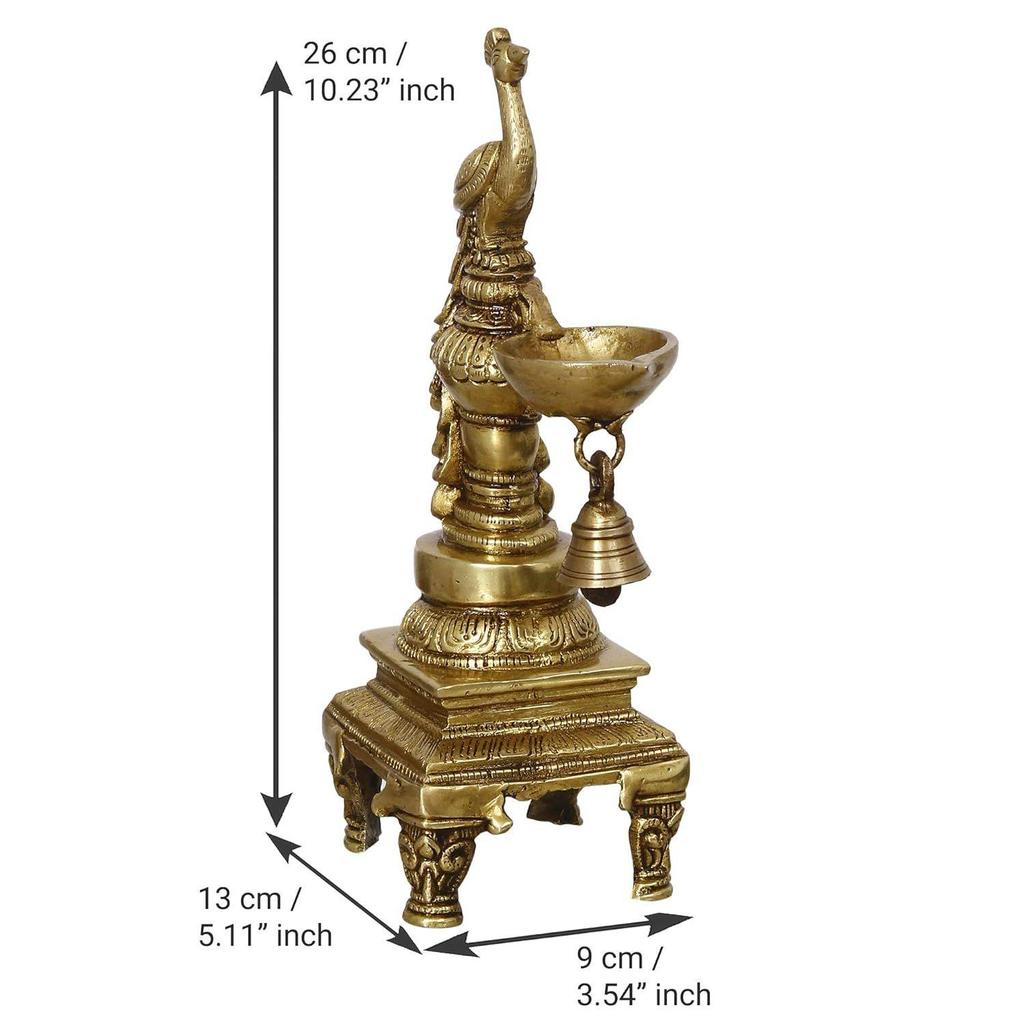 Antique Finish Decorative Handcrafted Brass Peacock Showpiece Diya With Bell And Stand, 13 Cm, 26 Cm, 9 Cm