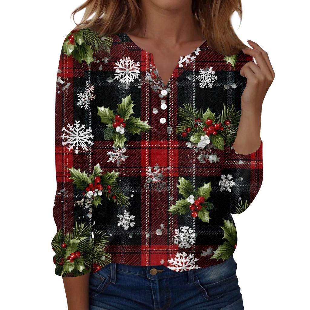 Women's Fashion Casual H Printed V-Neck Long Sleeve Decorative Button T-Shirt Tops