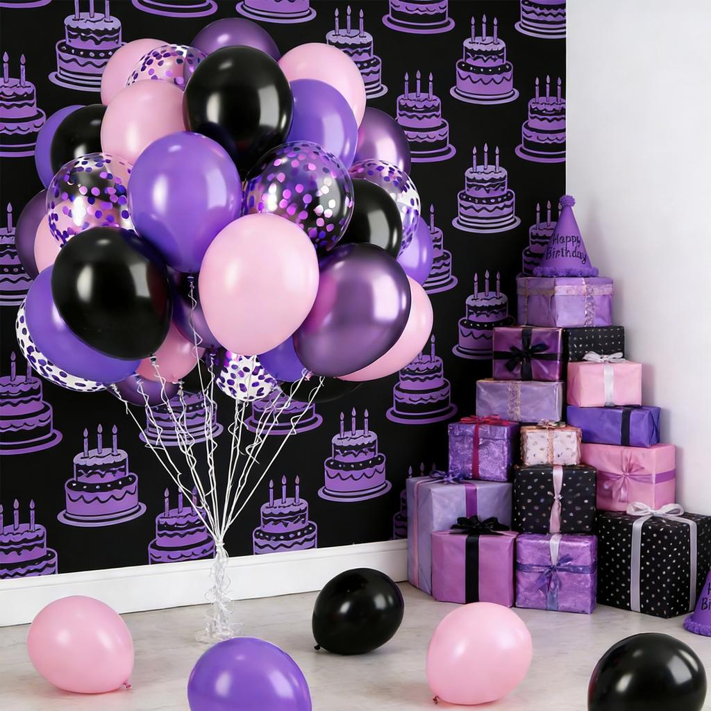 58pcs Pink and Purple Themed Balloon Set 10-inch Black Metal Purple and Purple Pink Latex Balloons Birthday Party Decoration