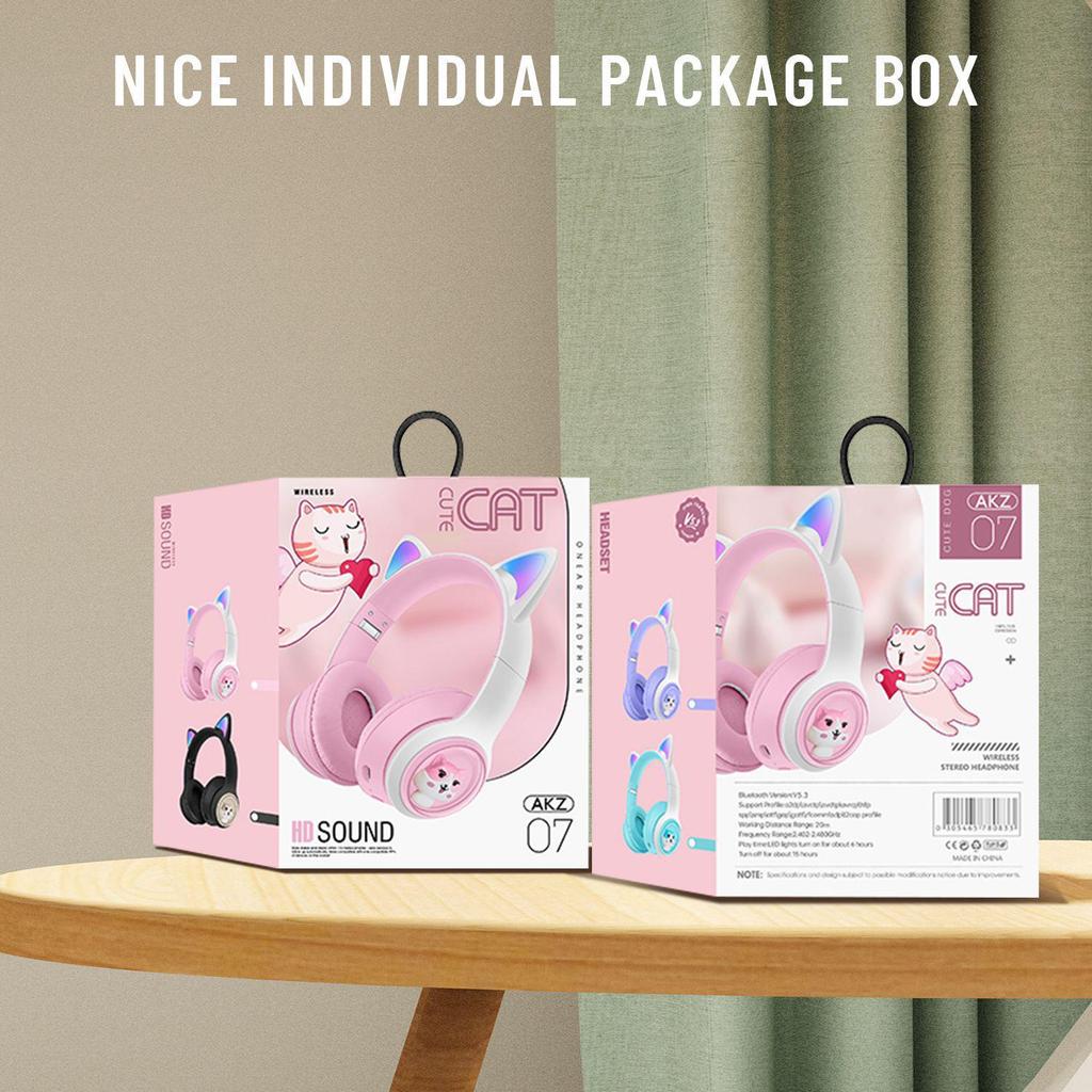 AKZ-07 Cartoon Bluetooth Headphones with RGB Cat Ears and Heavy Bass