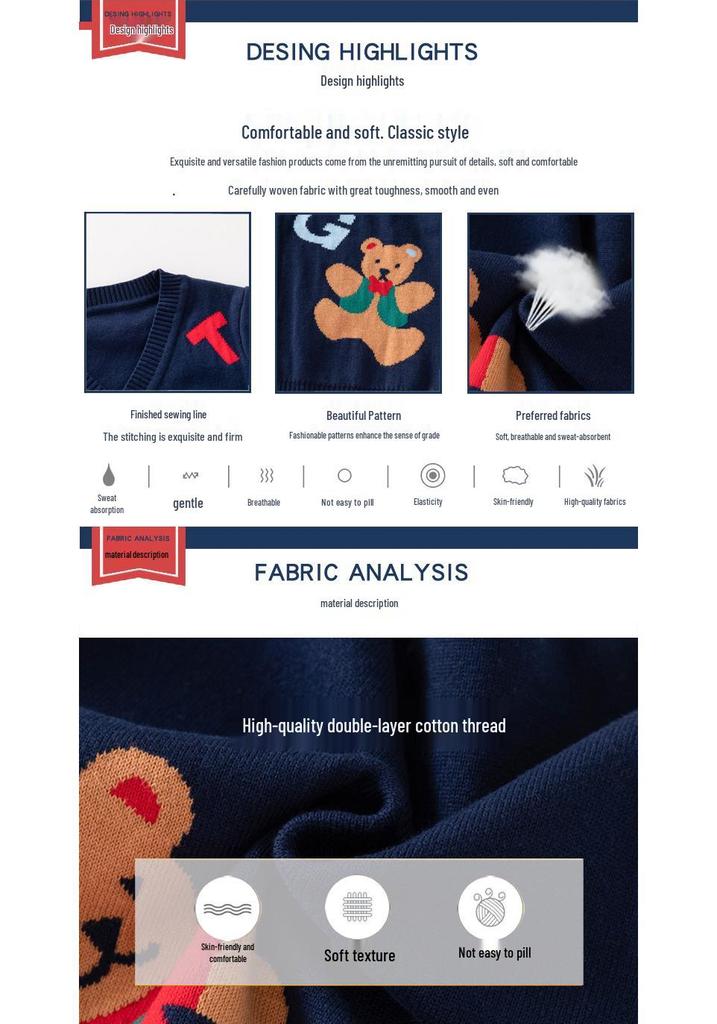 Boys' Cartoon Bear Knit Cardigan Sweater - Spring Style