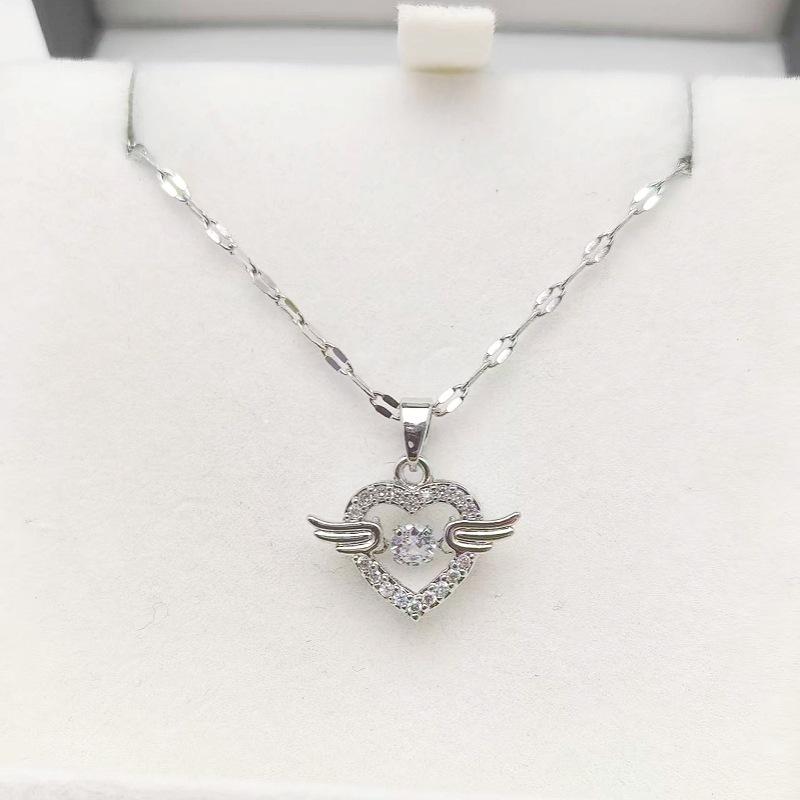 1 Pcs Love Heart Angel Wings Copper Pendant Necklace Steel Clavicle Chain Gift Women's Girls' Elegant Accessories
