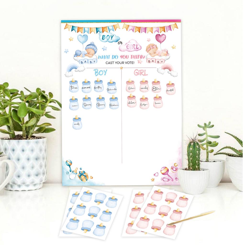 Gender Reveal Game for Baby Shower with Poster 36pcs Girl or Boy Voting Stickers for Gender Reveal Use Party Supplies