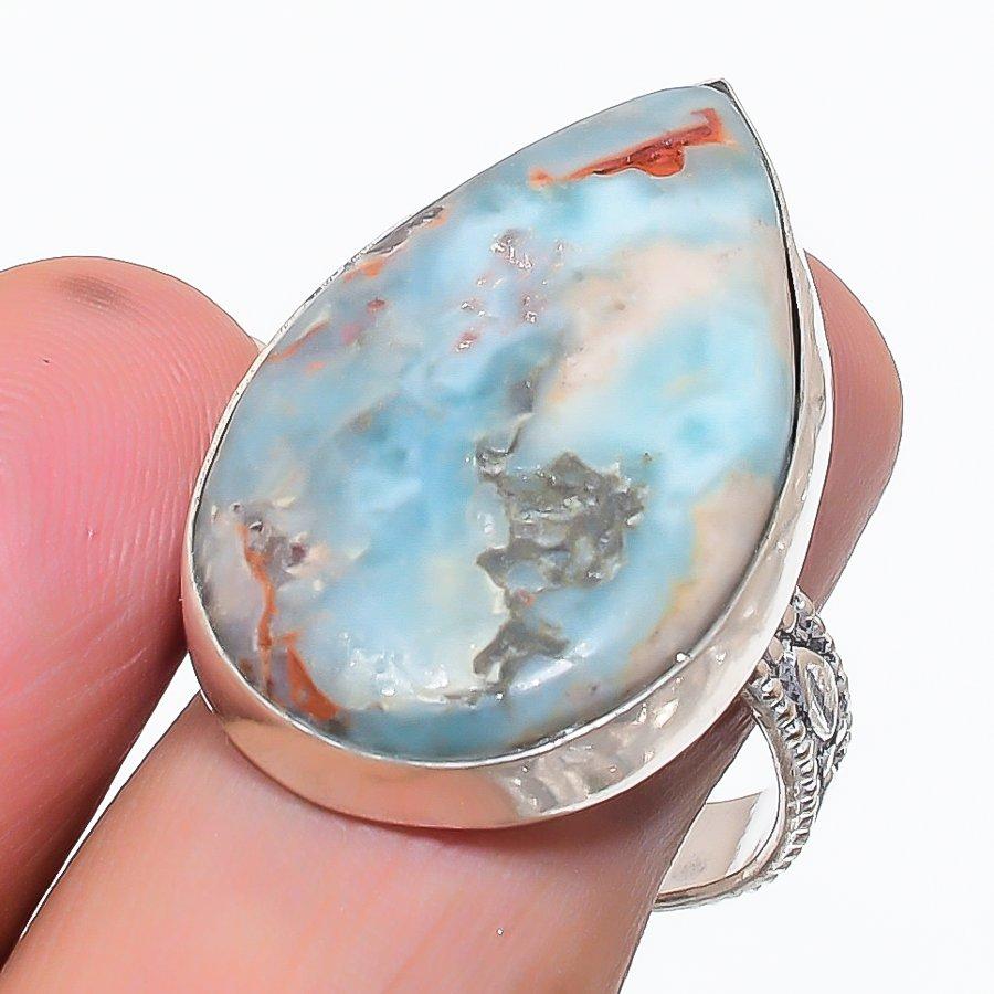 Natural Larimar Gemstone Handmade 925 Sterling Silver Jewelry Ring Size 9 L7A36