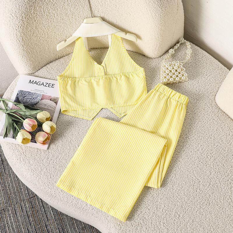 Girls' Fashionable Outfit - Spring/Autumn Children's Casual V-neck Collarless Sleeveless Long Pants Set