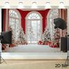 2D Elegant Christmas Window Backdrop, Red Wall Arched Windows with Snowy Trees & Gifts Background Cloth