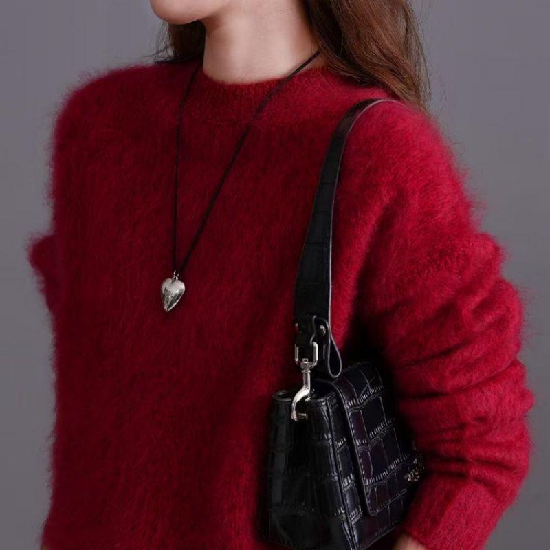 Korean Red Heather Yarn Plush Cashmere Wool Blend Sweater, Round Neck, Loose Fit