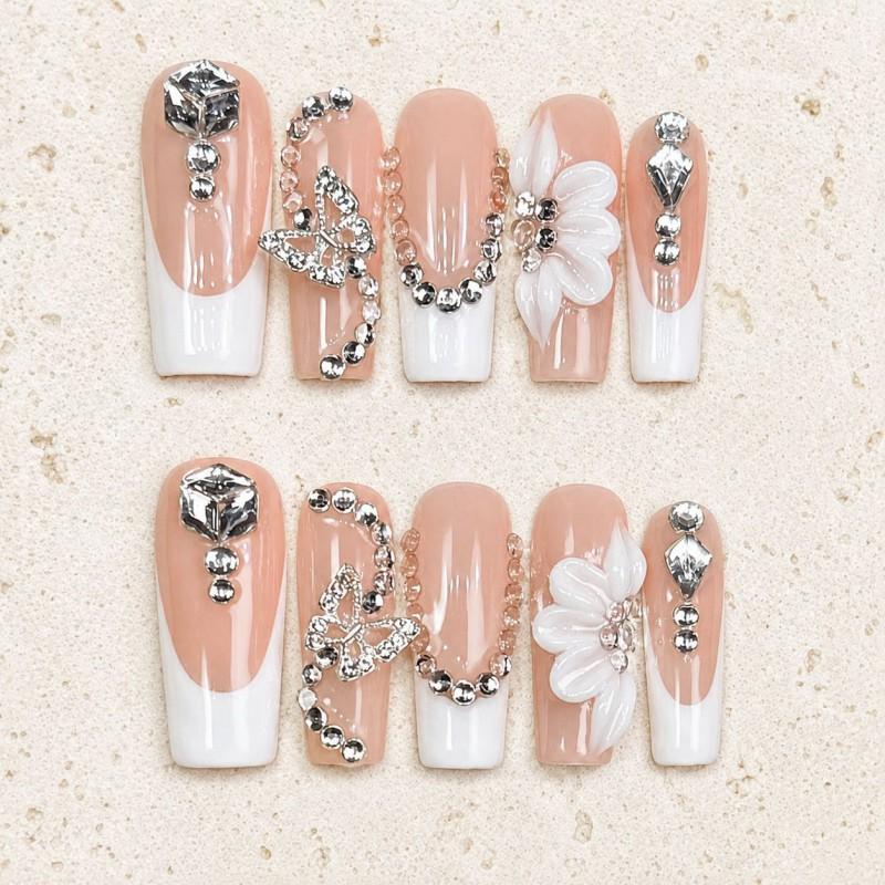 10pcs Handmade Press-On Nails French Style 3D Floral Butterfly Rhinestone Nail Tips Women Short Wearable Manicure Small