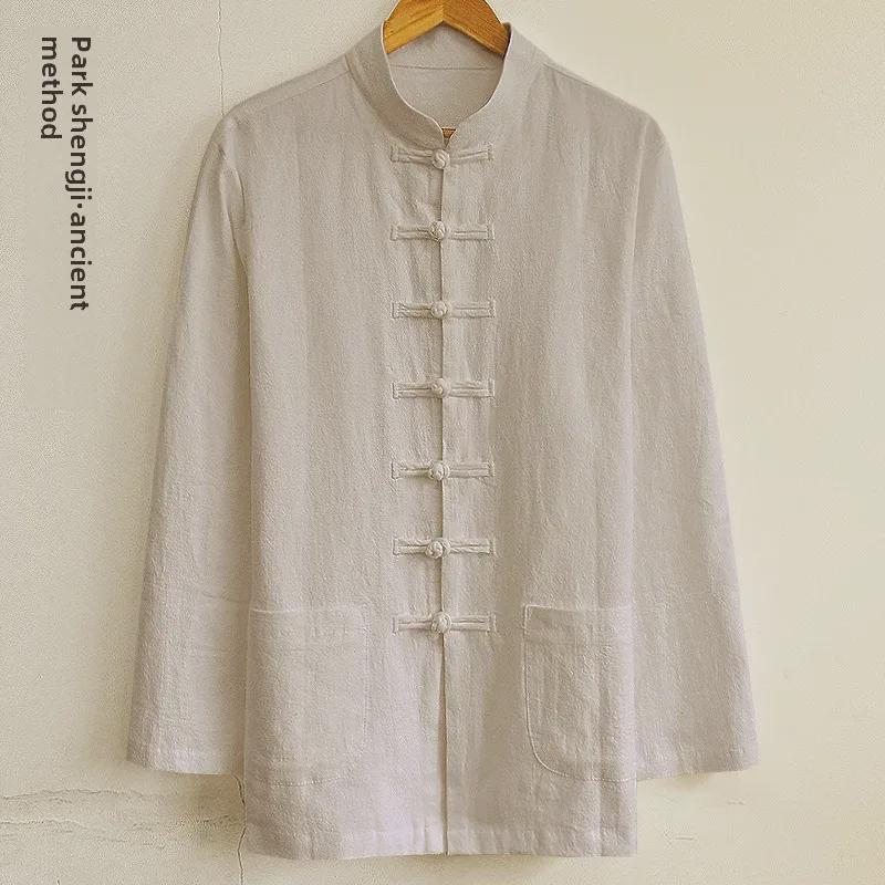 Park Shengji Men's Chinese Style Linen Shirt - Retro Tang Suit for Spring and Autumn