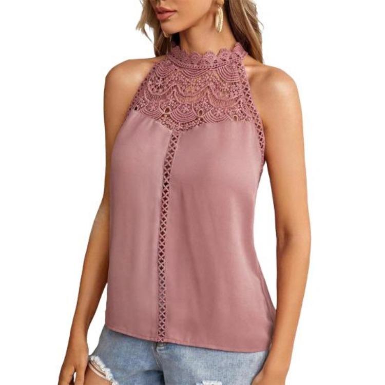 Neckholder Weste Damen Lässige Tops Einfarbige Spitze Dekoration Durchbrochene Spitze Stickerei
