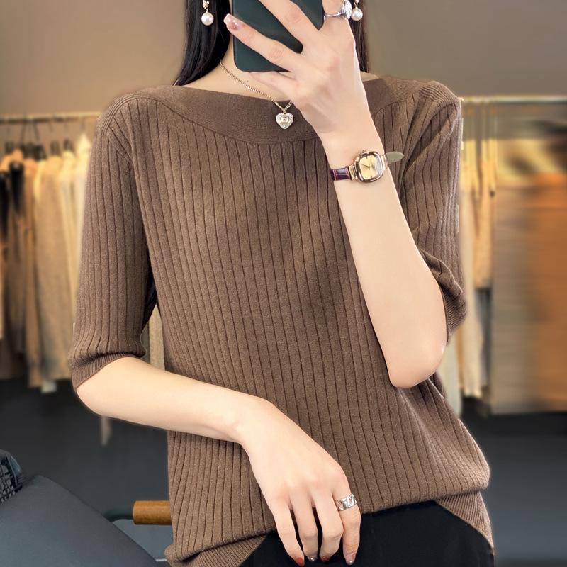 Five Quarter Sleeve Knitted Sweater for Women Solid Color Loose Sweater Casual Base Shirt French Style Mid Sleeve Sweater for Autumn