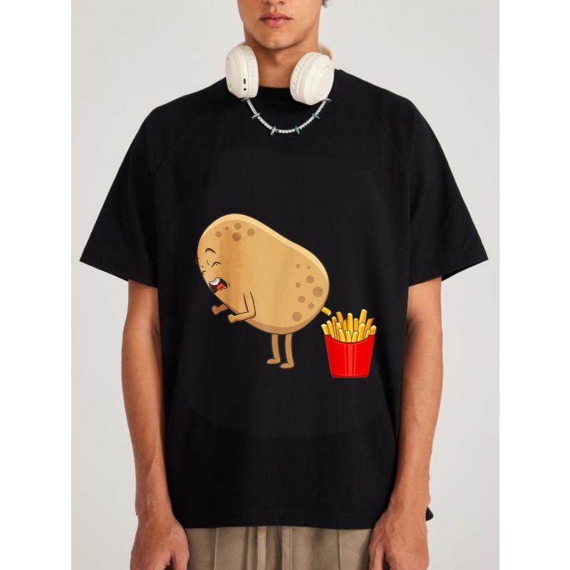 Rundhals T-Shirt Weiß Kartoffel mit Pommes-Frites-Aufdruck Freizeitkleidung für Männer und Frauen Alltagsoutfits Streetwear-Mode Sommerkleidung
