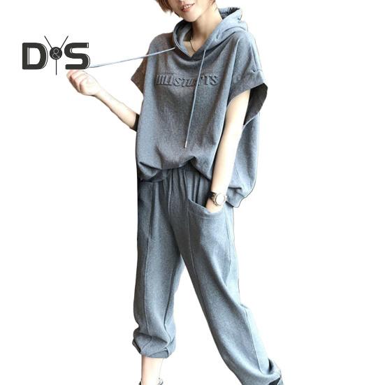 

2 шт./компл., комплект брюк с капюшоном, однотонный однотонный комплект с короткими рукавами и эластичной резинкой на талии на шнурке, свободные брюки с капюшоном на щиколотке, женский повседневный комплект брюк L серый