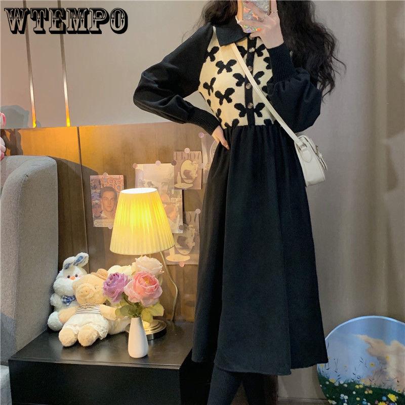 Spring and Autumn Women's Dress Retro Polo Neck Dress Color-blocking Design Slim Waist Small Versatile Medium Length A-line Dress