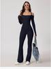 European & American Off-Shoulder Backless Jumpsuit with Double Shoulder Straps, Long Sleeves & Flared Pants