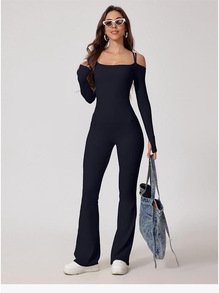 European & American Off-Shoulder Backless Jumpsuit with Double Shoulder Straps, Long Sleeves & Flared Pants