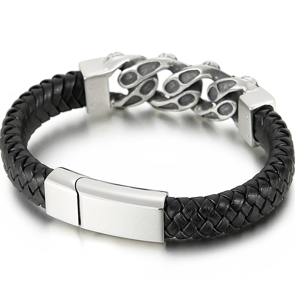 Punk 316L Stainless Steel Skull Bracelet for Men Vintage Men's Braided Leather Rope Chain Wrap Bracelets Massive Male Jewelry