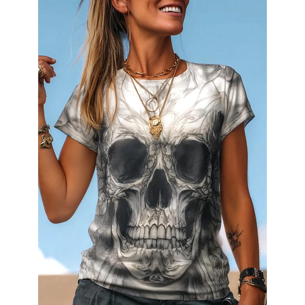 T-shirt da Donna con Stampa 3D Teschio Grafico Halloween Vintage, Girocollo Manica Corta, Magliette Harajuku Y2K Top Abbigliamento Femminile