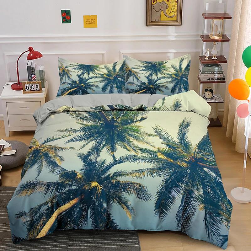 Tropical Botanical Leaves King Queen Duvet Cover Green Palm Leaves Polyester Bedding Set for Kids Teens Adults with Pillowcase