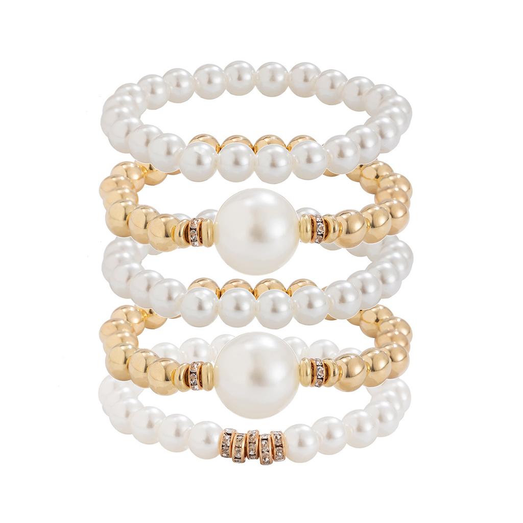 Exaggerated Pearl Stacked Bracelet Set, Temperament Large Round Beaded Beaded Slightly Inlaid Bracelet Jewelry