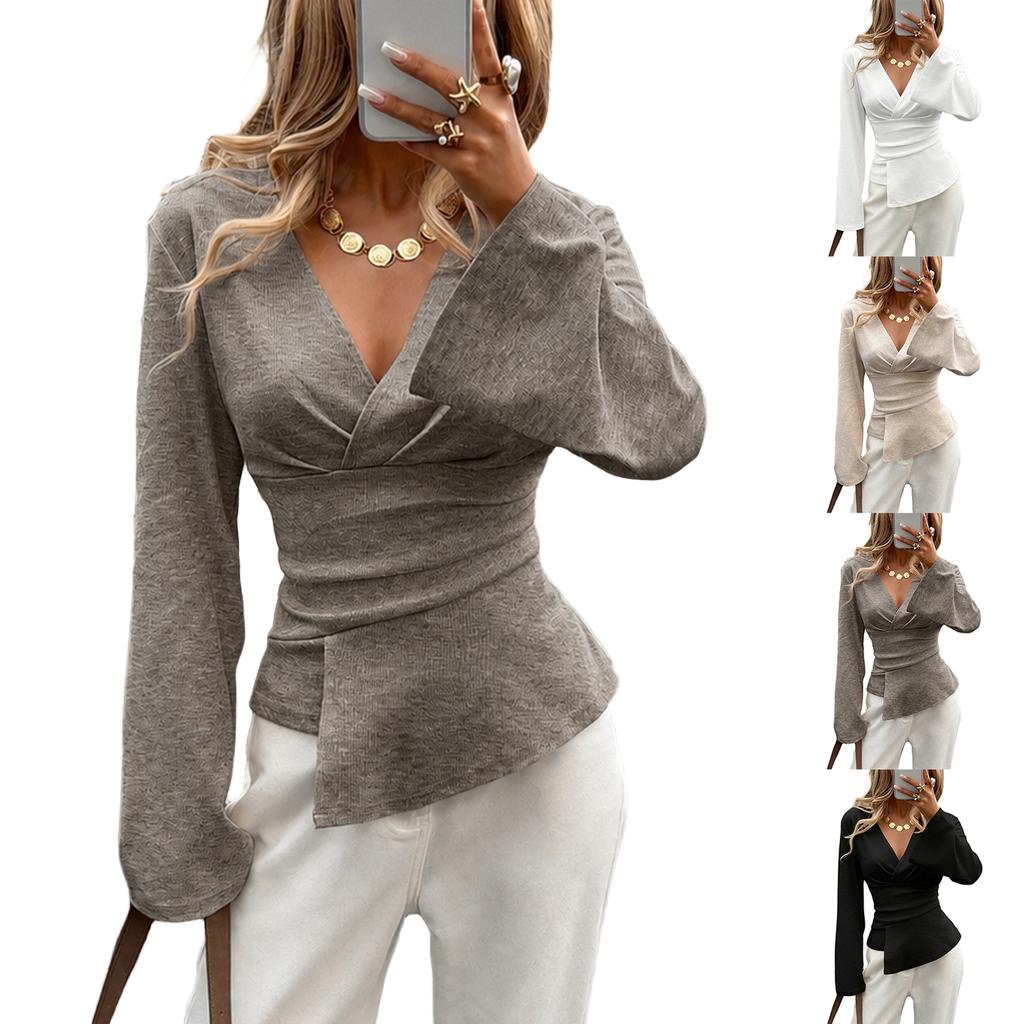 Women's V-Neck Long Sleeve Fitted Top with Asymmetric Hem for Casual Daily Wear