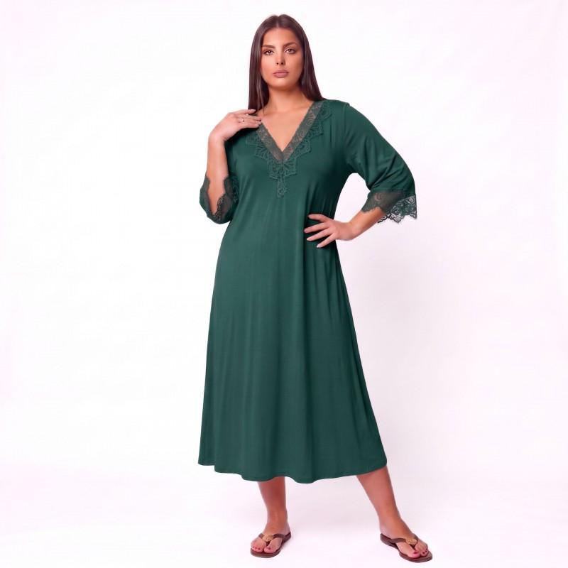 Plus Size Solid Lace 3/4 Sleeve Nightgown Loose Home Dress Sexy Simple Ladies Sleepwear