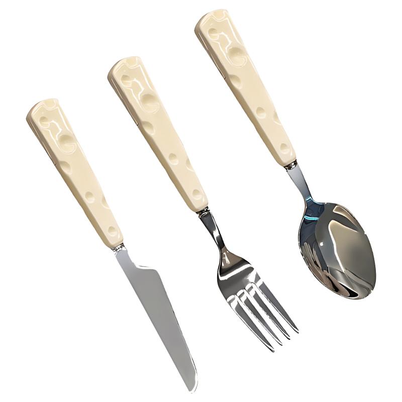 

3PCS Knife Fork Spoon Ceramic Tableware Cheese Shaped Handle Stainl Steel Serving Set Cute Appearance Home Kitchen Accessory ZYF