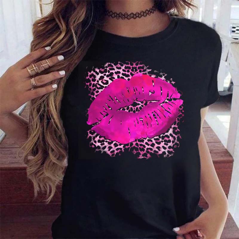 New Unisex Pink Lips Leopard Graphic T Shirt Casual Fahion Oneck Sexy Black Tees Kiss Lip Funny Girls Tshirtdrop Shipping