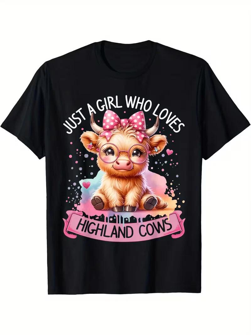 Charming Highland Cow & Pink Bow Cotton Tee - Soft, Breathable Casual T-Shirt fo XXXL