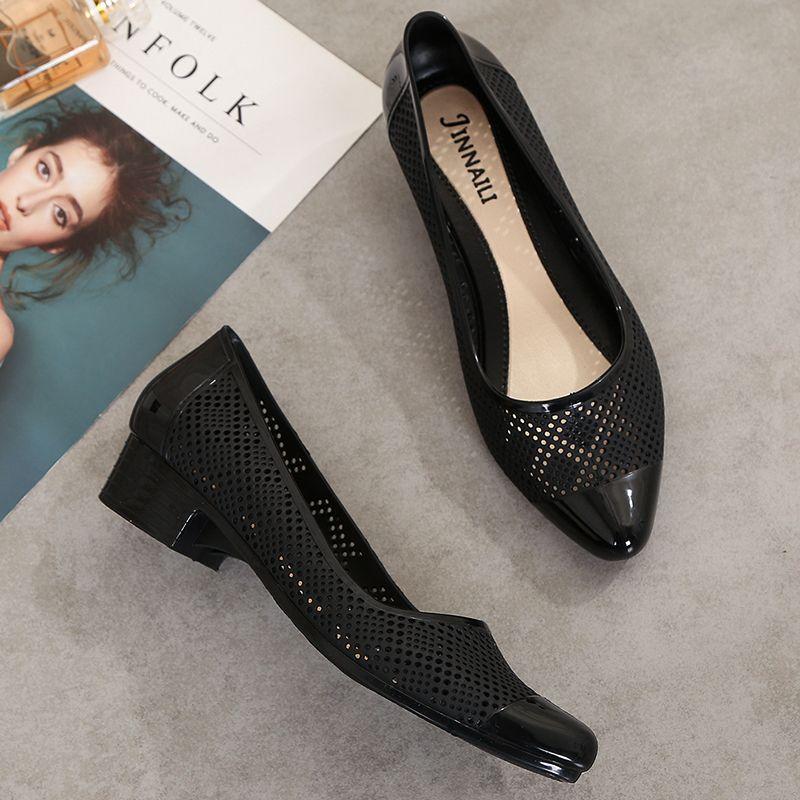 

Женские летние модные сандалии, Популярная онлайн-обувь, Закрытый носок, Туфли на среднем каблуке, Толстый каблук с отверстием, Мелкий вырез, Нескользящие и водонепроницаемые 35