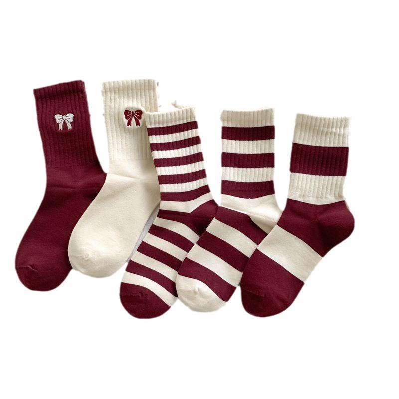 Ancora Women's Mid Tube Pure Cotton Socks Korean Style Bow Embroidery  Warm Breathable Festive New Year Girls Socks