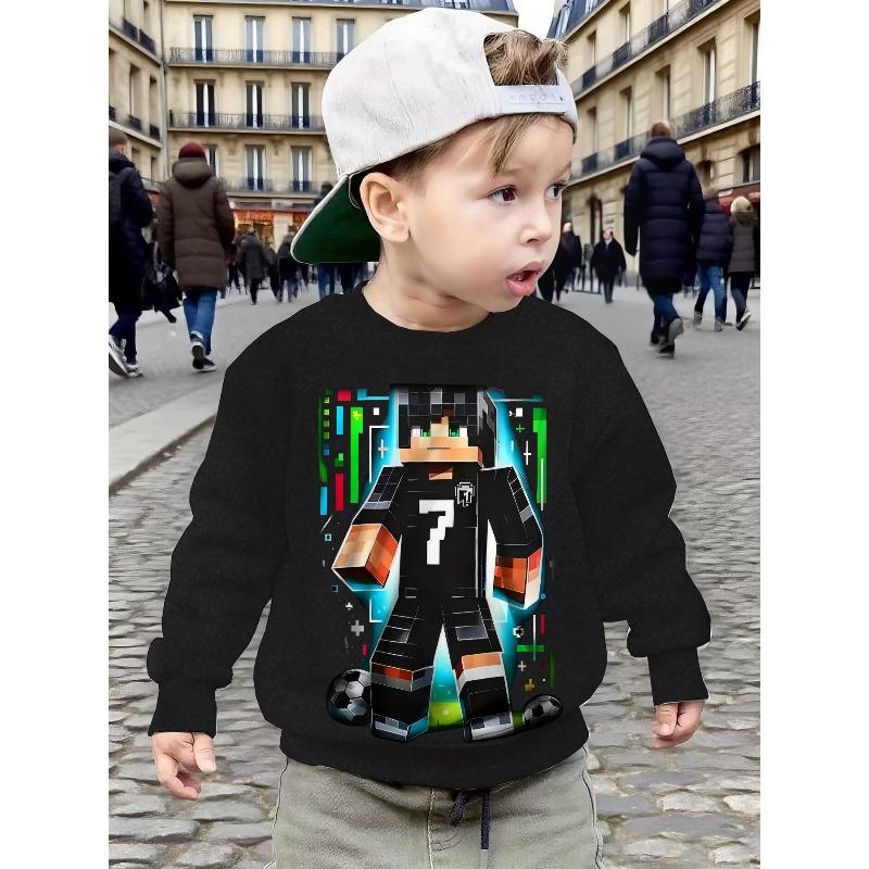 Boys'  No. 7 Block Robot Crew Neck Sweatshirt for -8, Autumn/Winter Children's Fashionable and Versatile O-Neck