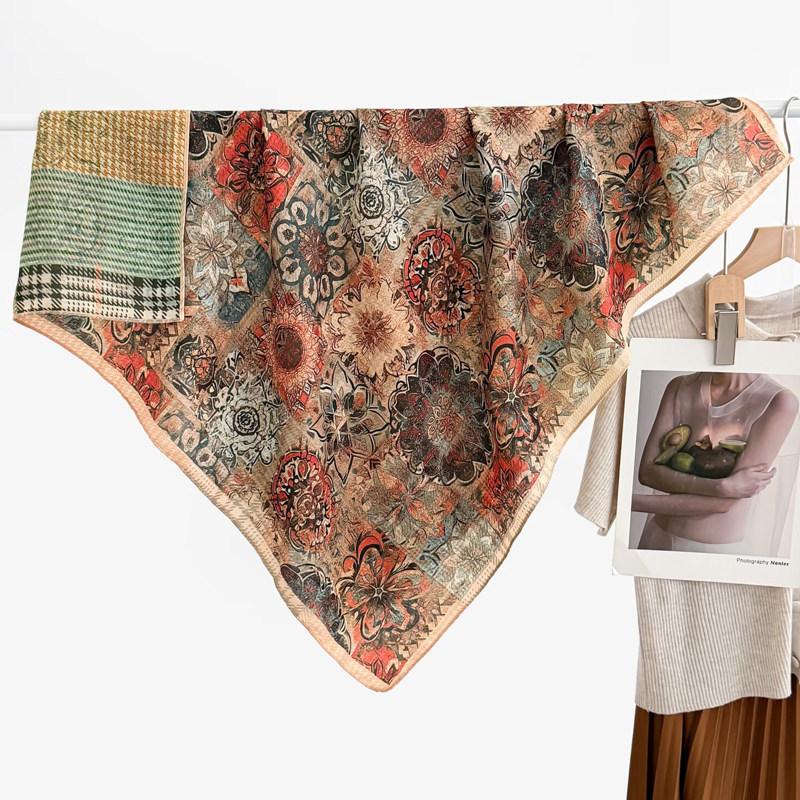 Pastoral Floral Velvet Double-sided Scarf 91 Large Square Scarf Women's Summer Travel Photo Silk Scarf Sun Protection Shawl