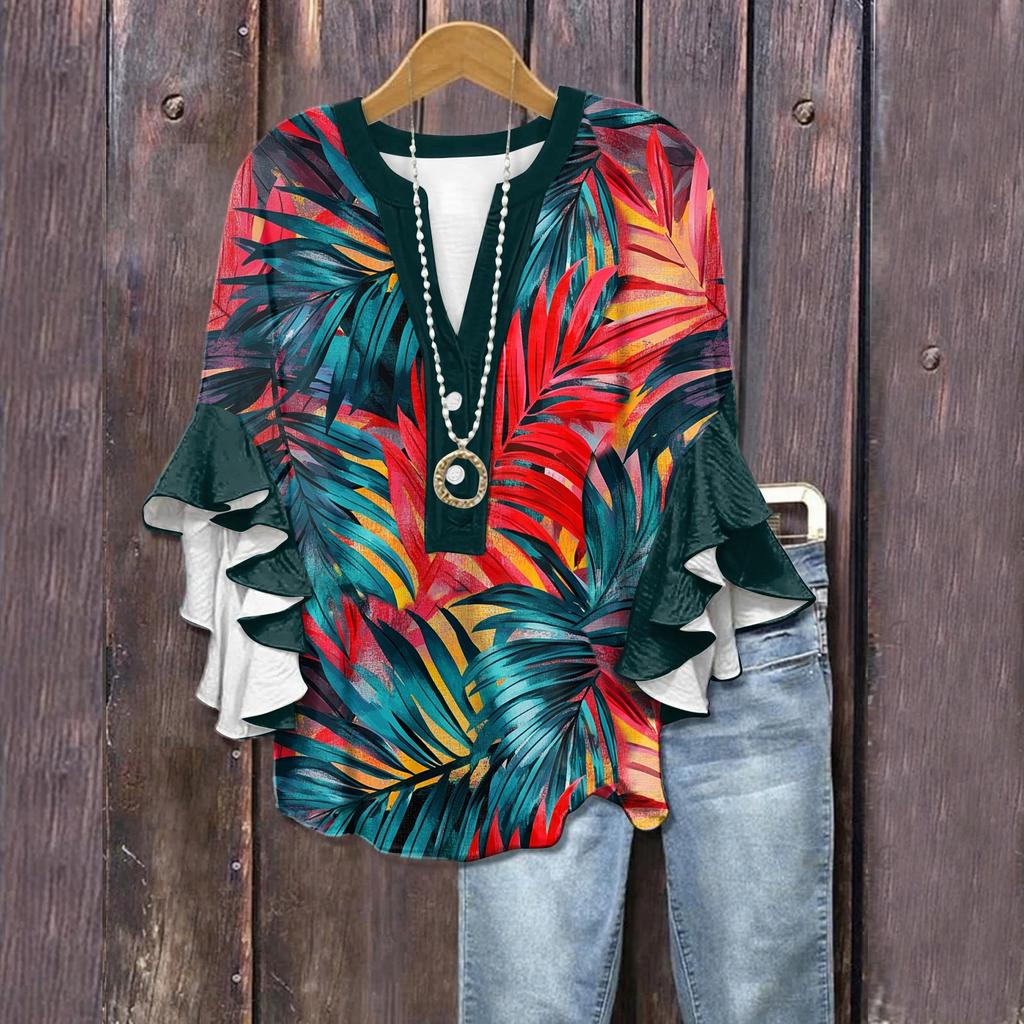 Summer Tops For Women Cute V Neck 3/4 Sleeve Blouses Floral Print Top Casual Shirts