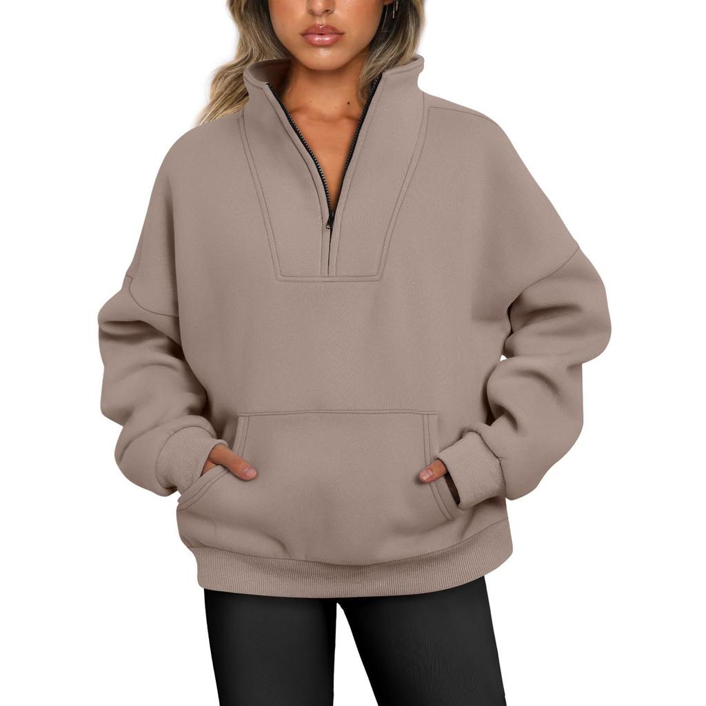Autumn and Winter Standing Collar Solid Color Sweater Pocket Zipper Women's Casual Loose Fleece Threaded Top
