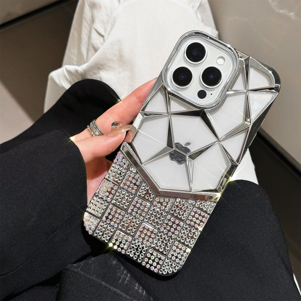 For iPhone 16 Pro Case Geometric Diamond Pattern Rhinestone Decor Electroplating TPU Phone Cover