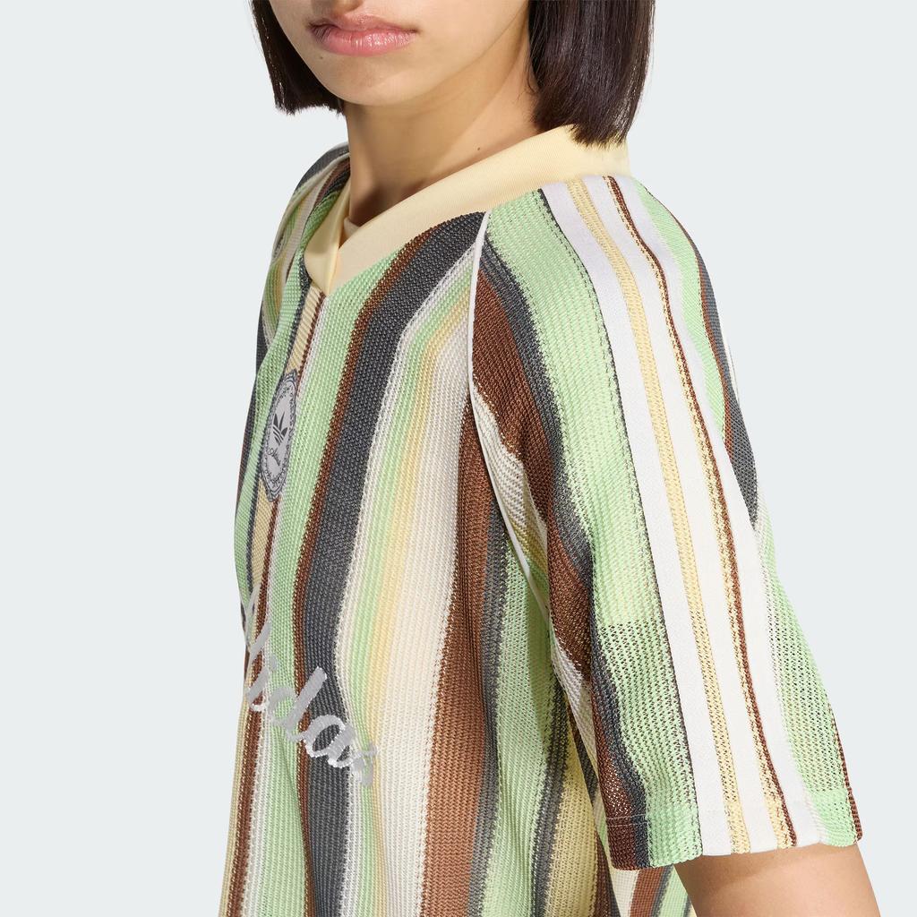adidas Originale Gestrickte Leuchtende Lässige Hautfreundliche Gestreifte Kurzarm V-Ausschnitt Trikot Damen Oberteile KY3162