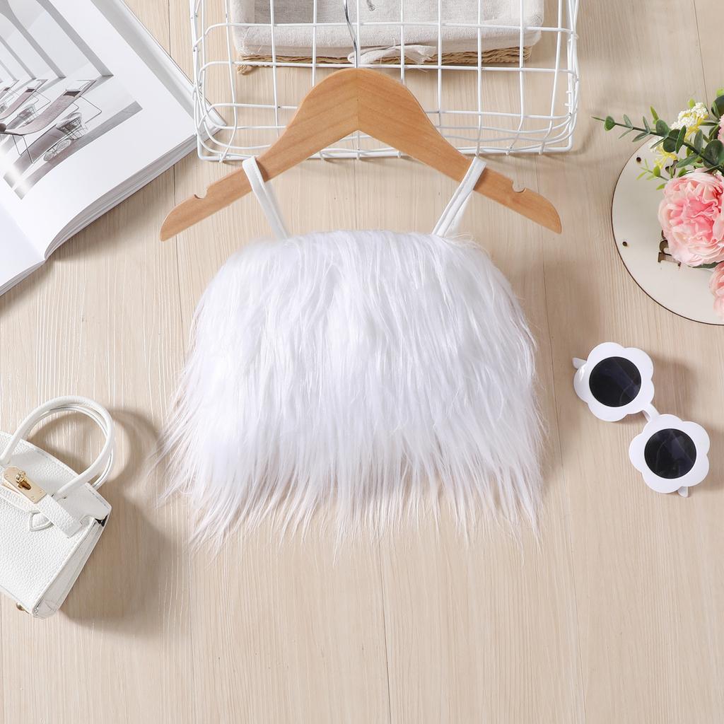 Girls Furry Suspender Top Solid Color + Leather Shorts Suit with Belt Children Clothing Feather Strap Crop Shirt 2pcs Sets