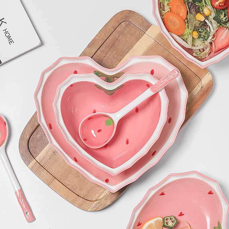 Strawberry Bowl Spoon Plate Set Beautiful Girl Heart Bowl Salad Bowl Dessert Household Tableware
