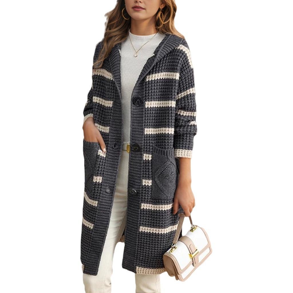 Cardigan Tricot rayé pour femme Automne/Hiver 2024 - Manteau pull à capuche mi-long