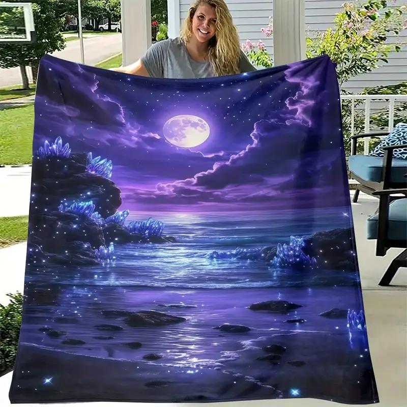 Dreamy starry sky purple night scene beach mysterious moonlight ocean pattern - flannel blanket - suitable for bed, home, sofa, 130x150cm