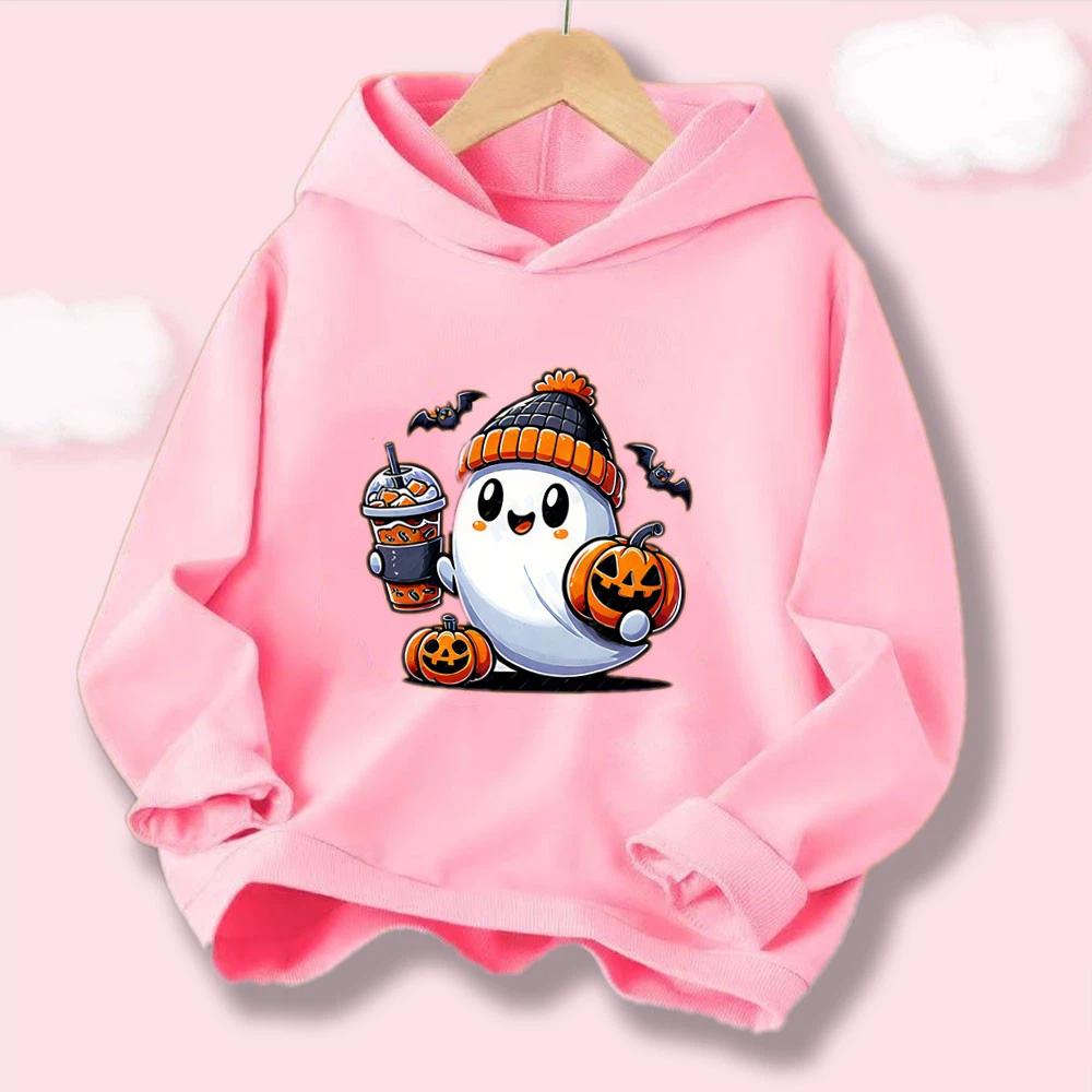 Kids Pullover Hoodie Lovely Cartoon Ghost Pumpkin Bat Halloween Graphic Sweatshirt Long Sleeve CasualSport Top Autumn Winter Home And Outdoor Outfit