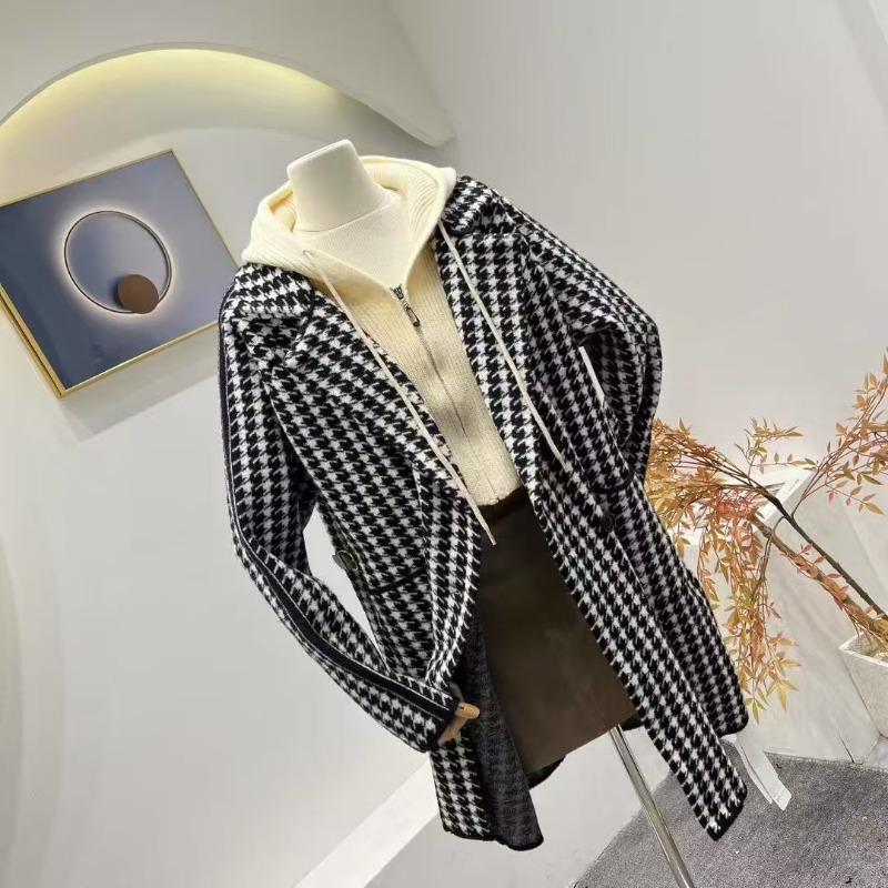 

Qiandao plaid coat women s new lady lazy style loose and thin medium and long casual coat чёрный