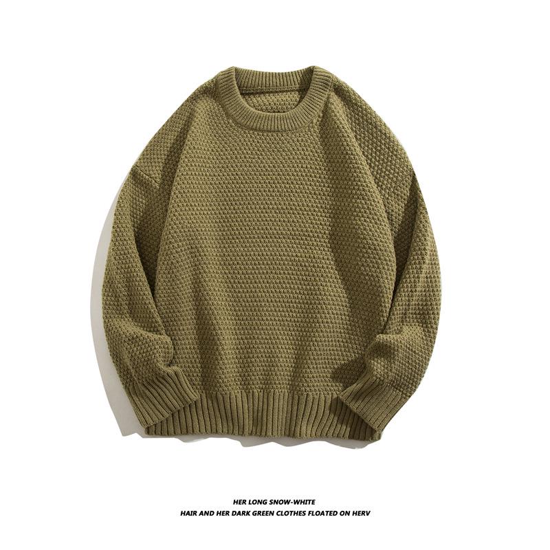 Heavyweight Cotton Yarn Pineapple Stitch Knit Casual Loose Round Neck Pullover Sweater