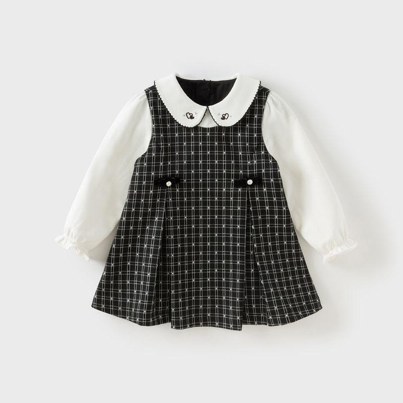 David Bella Children s Dress for Girls 2026 New Plaid Dress for Baby Girls Stylish Fake Two-Piece Dress Spring Outfit Black and White Grid [Ready in Stock] 100