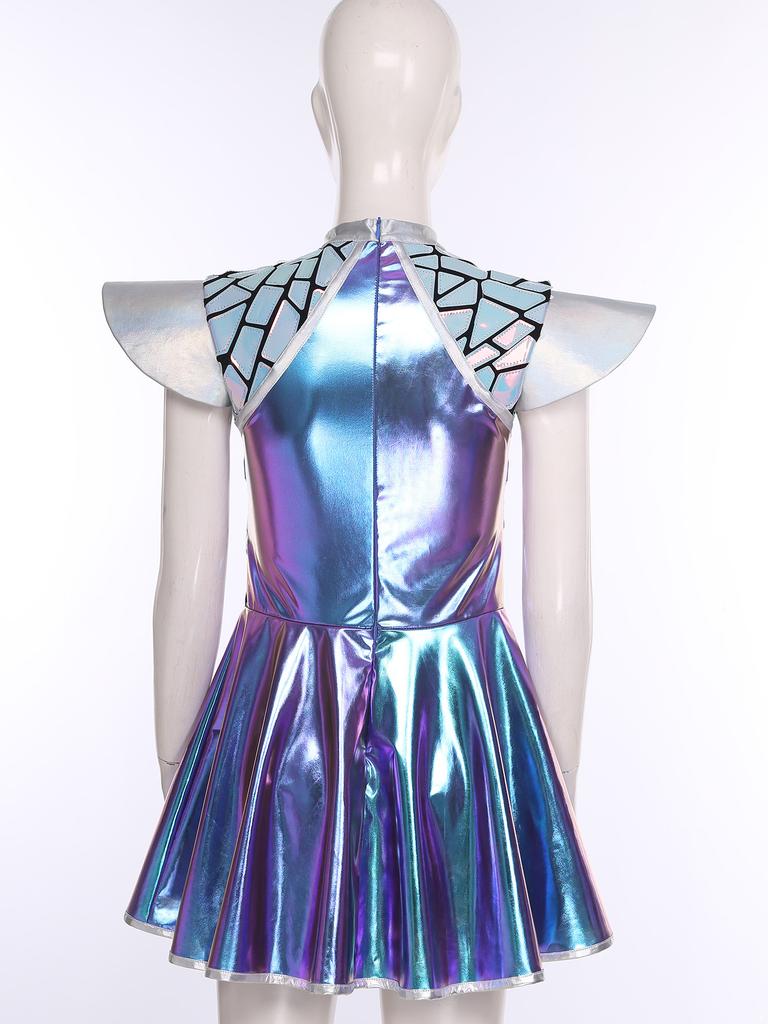 Complete Women‘s Alien Astronaut Halloween Costume S-3XL: Gradient Sequin Mini Dress with Metallic Patchwork & Fly Sleeves