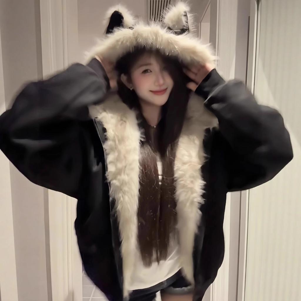 Explosive black fur collar padded seat mountain carving cat ear jacket men and women autumn and winter thickened couple down cotton clothes